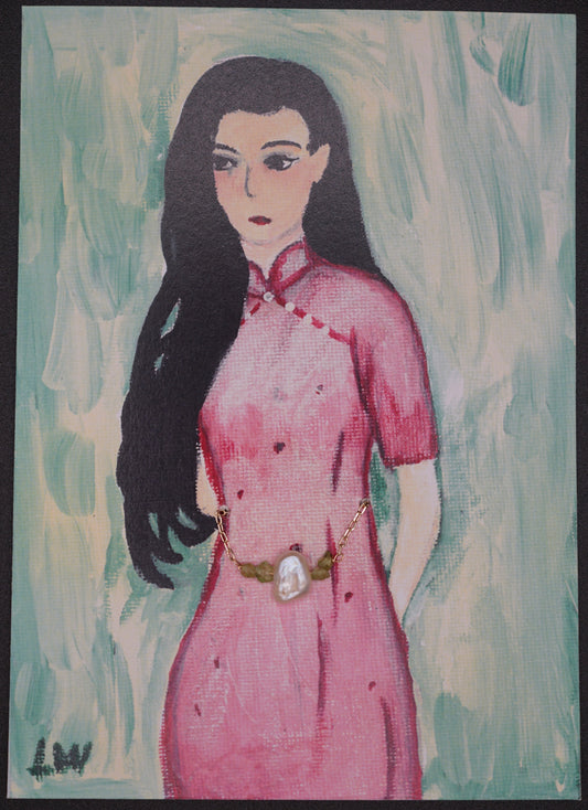 Woman in Pink Qipao - Linqing Wang Painting Image
