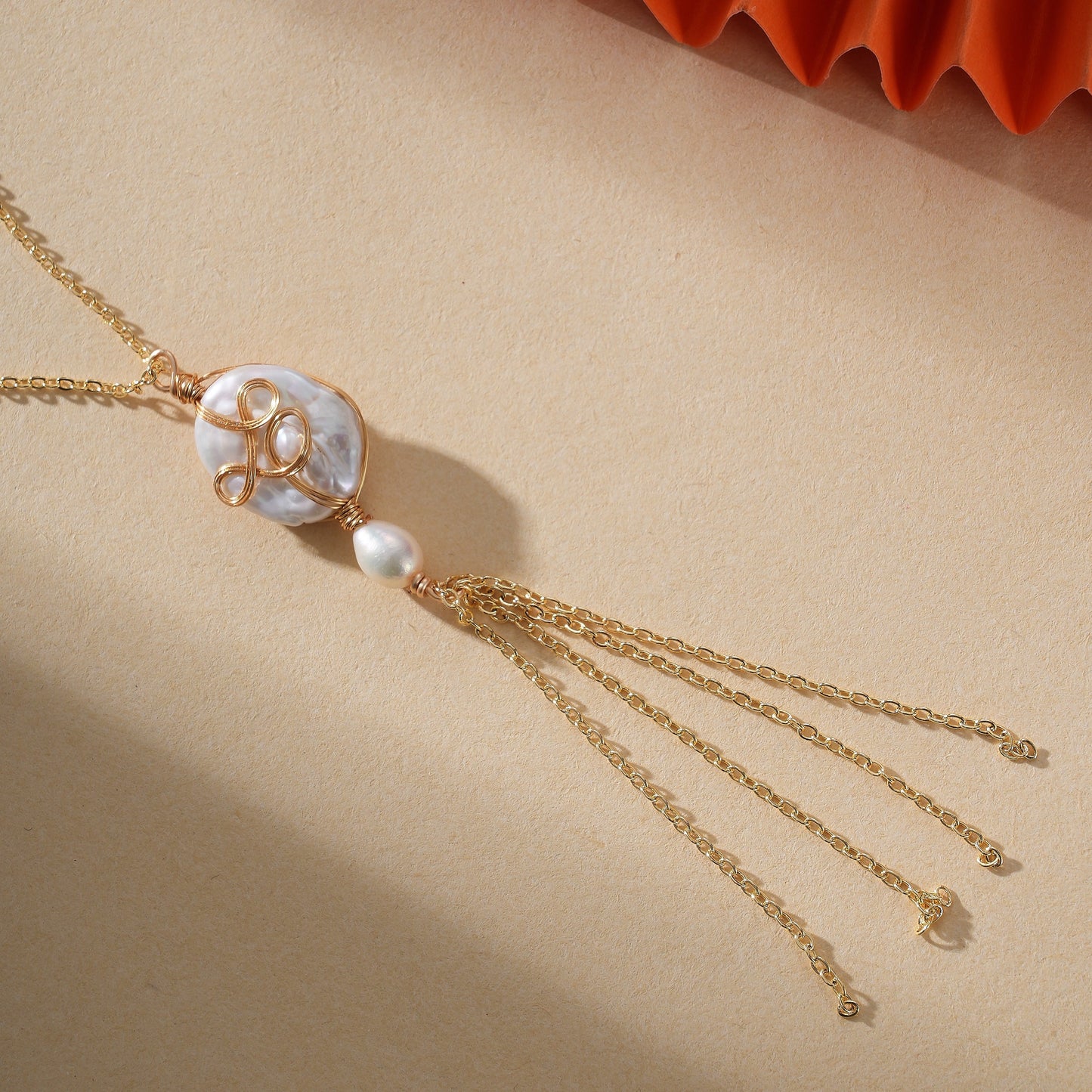 Pearl Necklace with Wirewrap Design and Dangling Chains