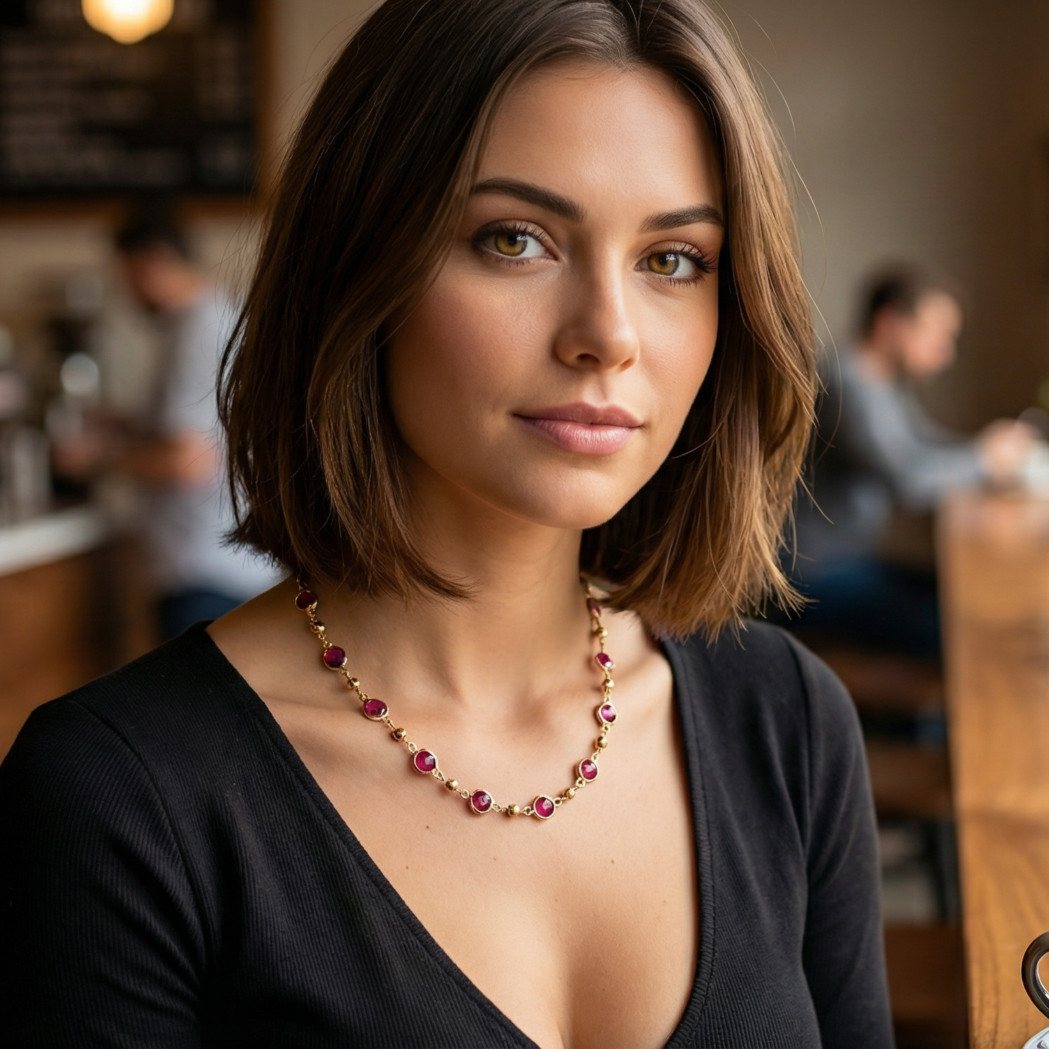 Woman in a coffee shop with a cup of coffee on a wooden table wearing a necklace with alternating pink stones and gold beads on the chain

